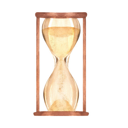 Hand-drawn watercolor illustration. Vintage hourglass with light yellow sand. Monochrome sandglass....
