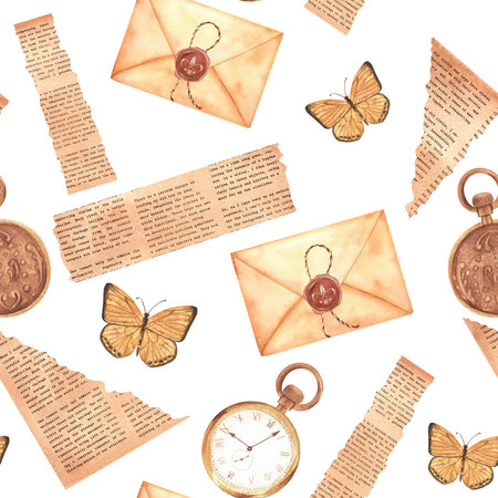 Monochrome seamless pattern with envelopes, pieces of old newspaper, pocket watches and butterflies. Hand-drawn watercolor illustration. Vintage background for stationery design, packages, textile, scrapbooking.の写真素材
