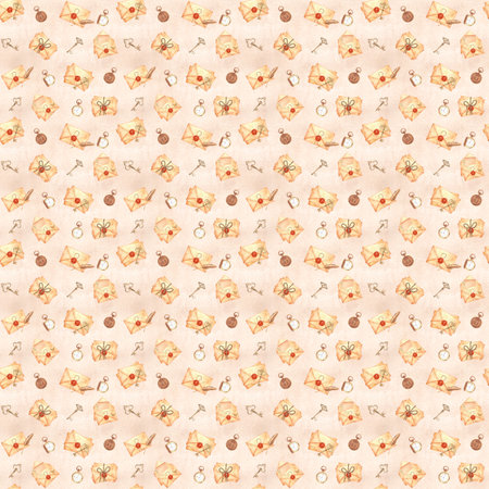 Monochrome seamless pattern with keys, watch, envelopes and letters. Vintage background with old-fashioned items. Hand-drawn watercolor illustration. For textile, scrapbooking paper, stationery design.の写真素材