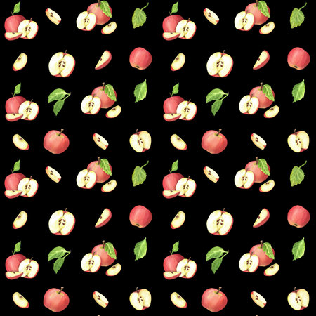 Seamless pattern with red apples, green leaves, halved apples and slices on black background. Hand-drawn watercolor illustration. Wallpaper, background, textile sample.の写真素材