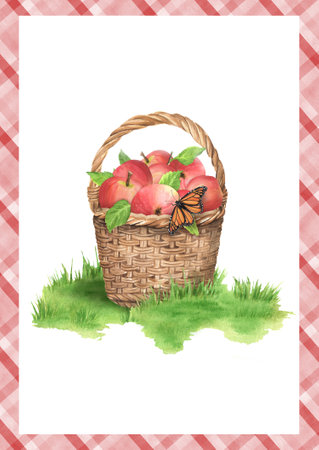 A basket full of ripe red apples on the green grass. Fruit harvest. Checkered frame. Ready-made postcard design. Hand-drawn watercolor illustration.の写真素材