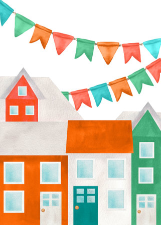 Ready-made postcard design. Northern orange, green, white houses and festive flag garlands. Hand-drawn watercolor illustration.の写真素材