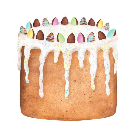 An iced Easter cake with egg-shaped chocolate. Happy Easter clipart. Hand-drawn watercolorの写真素材