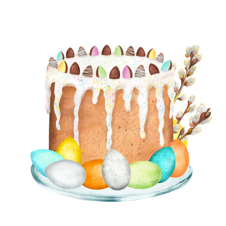 An Easter cake on the glass plate and pussy-willow branchlet. Blue, yellow, orange, green eggs. Easter holiday clipart. Hand-drawn watercolor illustrationの写真素材