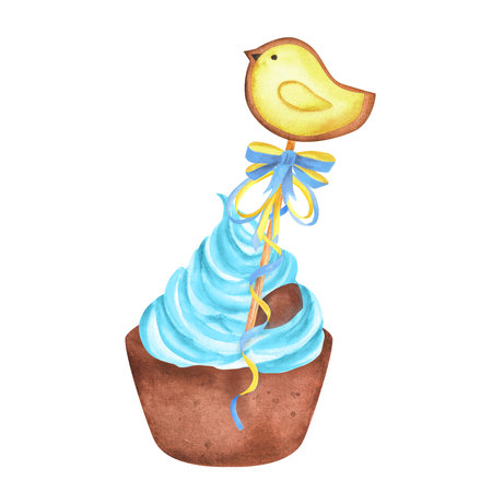 Easter cupcake with blue cream decorated with chicken cookie on a stick and chocolate egg. Easter holiday food clipart. For postcards. Hand-drawn watercolor illustrationの写真素材