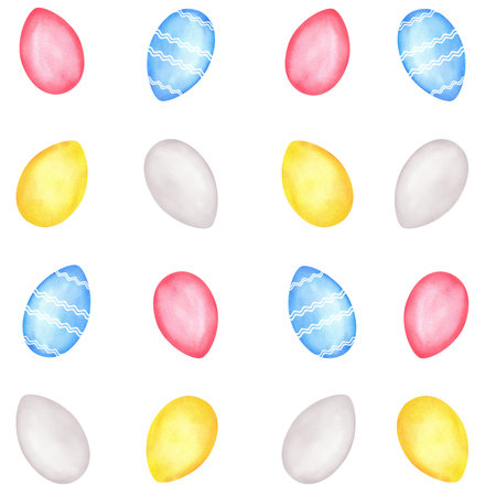 Seamless pattern with white, yellow, blue, pink Easter eggs. Easter holiday clipart. Hand-drawn watercolor illustration.の写真素材