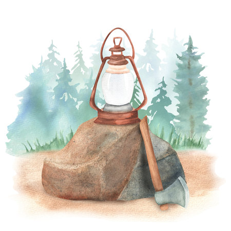 A big stone with a kerosene lamp on it and an axe. Camping equipment. Exploration trip. Hiking. Watercolor forest background. Hand-drawn watercolor illustrationの写真素材