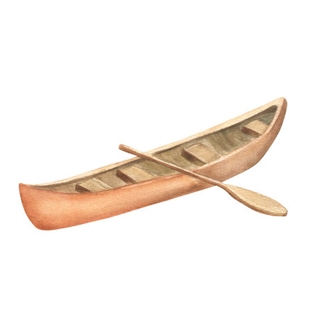 Simple wooden canoe with a paddle. Camping clipart. Boat isolated. Mountain tourist camp adventure. Hand-drawn watercolor illustration. For scrapbooking, postcardsの写真素材