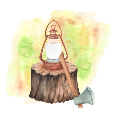 Camping lantern on the tree stump. Metal axe and lamp. Yellow green watercolor background. Tourist equipment. Exploration clipart. Hand-drawn watercolor illustration. For postcards, scrapbookingの写真素材