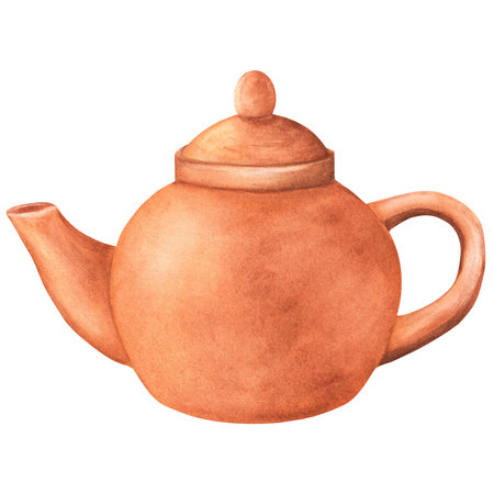 Watercolor terracotta clay teapot. Ceramic teapot. Oriental tea ceremony clipart. Hand-drawn watercolor illustration isolated. A part of terracotta dishware. For postcards, menu, invitation designの写真素材