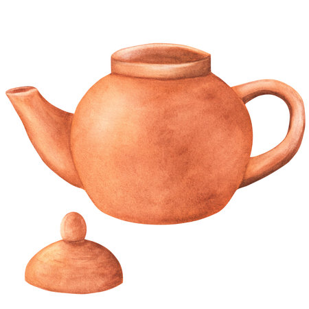 Watercolor terracotta clay teapot with a separated lid. Ceramic teapot. Tea ceremony clipart. Hand-drawn watercolor illustration isolated. A part of terracotta dishware. For postcards, menu designの写真素材