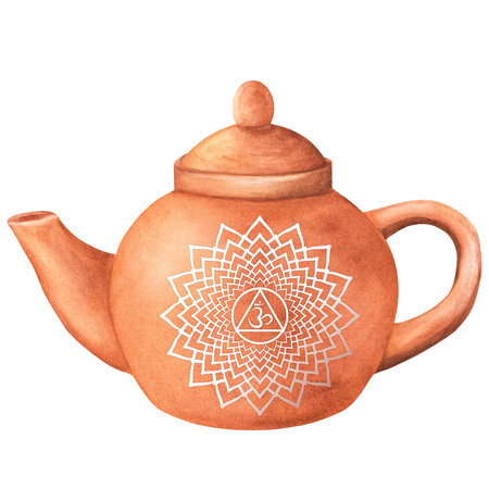 Watercolor terracotta clay teapot with white Crown sahasrara chakra. Oriental tea ceremony clipart. Hand-drawn watercolor illustration isolated. For postcards, menu, invitation design.の写真素材