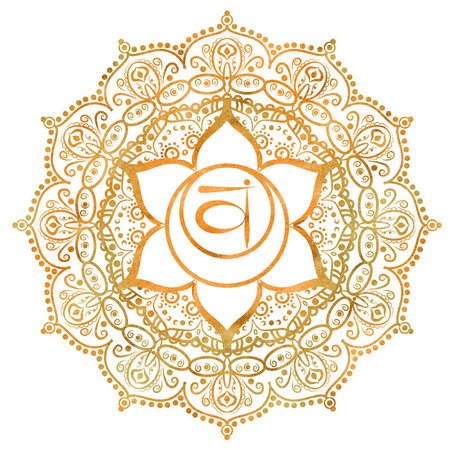 Sacral chakra Svadhisthana of golden orange color with elegant mandala pattern and Sanskrit letters...