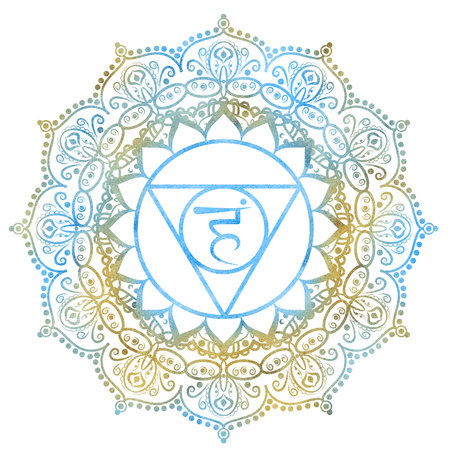 Throat chakra Vishuddha of golden blue color with elegant mandala pattern and Sanskrit letters in the center. Energy balance. Hand-drawn watercolor illustration. Ethnic Indian pattern.の写真素材