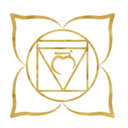 Root chakra Muladhara with golden texture and Sanskrit letters in the center. Healing energy balance. Hand-drawn watercolor illustration. Ethnic Indian pattern.の写真素材