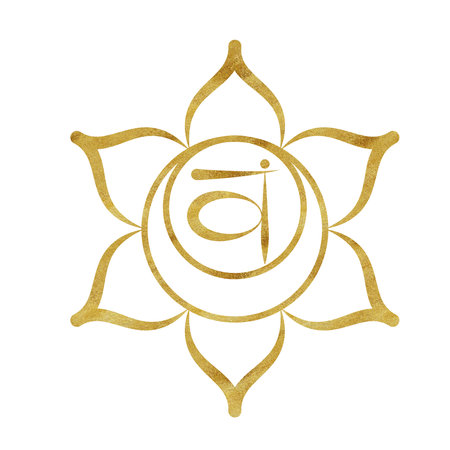 Sacral chakra Svadhisthana with golden texture and Sanskrit letters in the center. Healing energy balance. Hand-drawn watercolor illustration. Ethnic Indian pattern.の写真素材