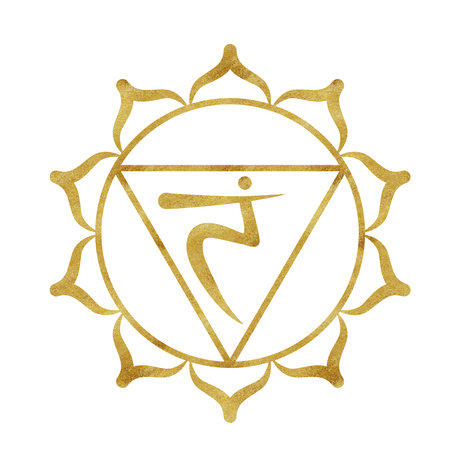 Solar Plexus chakra Manipura with golden texture and Sanskrit letters in the center. Healing energy balance. Hand-drawn watercolor illustration. Ethnic Indian pattern.の写真素材