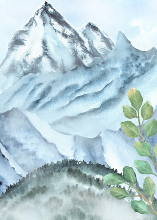 Ready-made greeting card template with watercolor mountains, forest, cloudy sky, eucalyptus branch. Hand-drawn illustration for postcard, invitation, poster, cover design for travel, camping businessの写真素材
