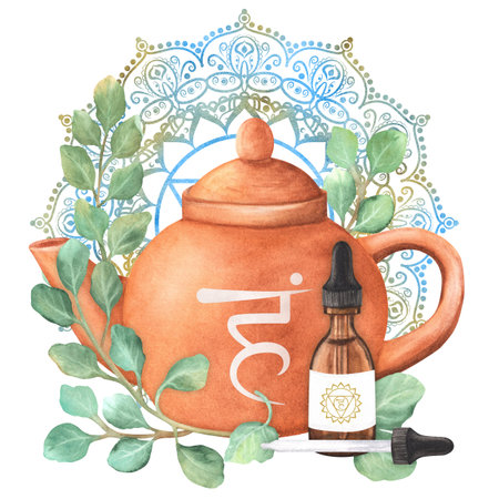 Terracotta teapot and glass vial with essential oil. Eucalyptus twigs. An elegant golden blue mandala with throat chakra vishuddha. Hand-drawn illustration for advertising leaflets, packageの写真素材