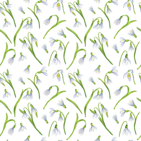 Seamless pattern with watercolor snowdrops flowers. Springtime garden clipart. Floral design. Hand-drawn illustration for fabric, wrapping paper, clothes, postcards, wedding invitationsの写真素材