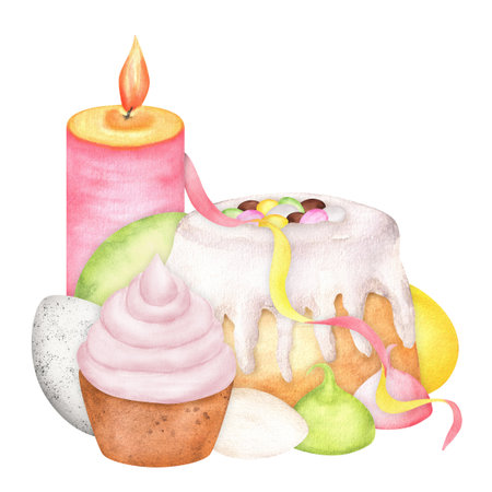 A large pink candle, Easter cake with sugar icing, a cupcake with pink cream, yellow, green and...