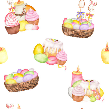 Seamless pattern with watercolor colorful eggs in a basket, iced cake, Easter bunny and cupcakes. Pink candle. Happy Easter clipart. Hand-drawn illustration for wrapping paper, tablecloth, napkinsの写真素材