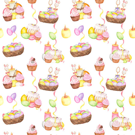 Watercolor eggs basket, iced cake, Easter bunny and cupcakes in seamless pattern. Pink candle. Happy Easter clipart. Hand-drawn illustration for wrapping paper, tablecloth, napkins, runnersの写真素材