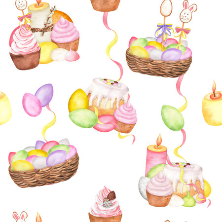 Watercolor green, yellow, pink eggs in a basket, iced cake and cupcakes with pink cream in seamless pattern. Happy Easter clipart. Hand-drawn illustration for wrapping paper, tablecloth, napkinsの写真素材