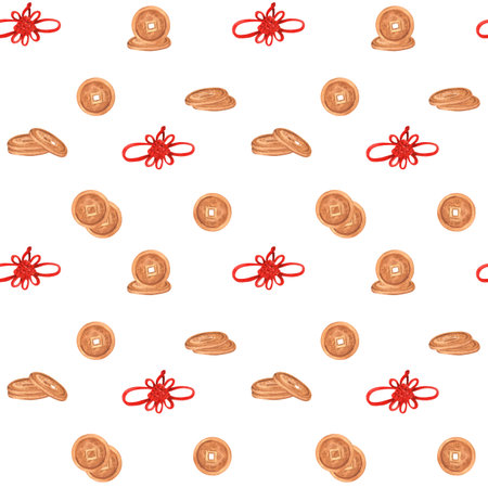 Chinese coins and red knitted decorations in the seamless pattern. Oriental background. Chinese New Year. Hand-drawn illustration for wrapping paper, wallpaper, fabric, background design, postcardsの写真素材