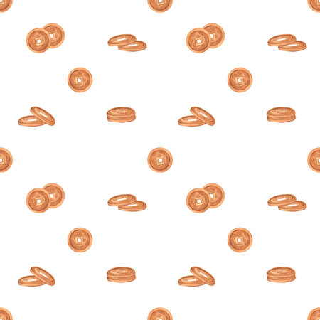Chinese coins in the seamless pattern. Oriental background. Chinese New Year. Hand-drawn illustration for wrapping paper, wallpaper, fabric, background design, postcardsの写真素材