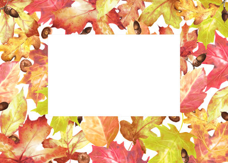 Ready-made autumn frame template with maple and oak leaves and acorns. Copy space for the text. Fall...