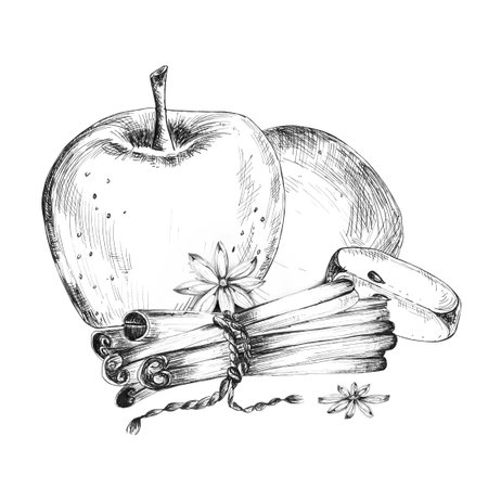 Black and white art composition of apple, slices, a bunch of cinnamon sticks and star anise. Fruit and spices clipart. Monochrome ink drawing. Hand-drawn illustration for any food-related design.の写真素材