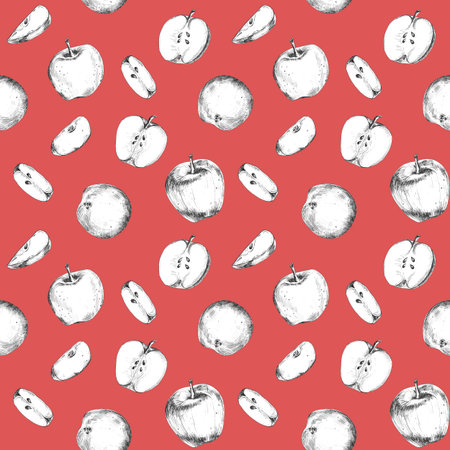Seamless pattern of apples and apple slices on red background. Line art. Black and white drawing. Hand drawn ink illustration for food-themed designs, packaging, textile, wrapping paperの写真素材