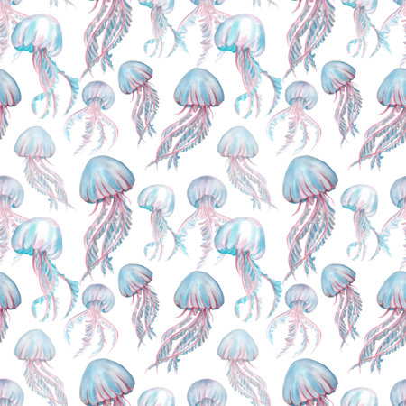 Floating watercolor jellyfishes in dense seamless pattern. Clipart. Ocean creature. Hand drawn...