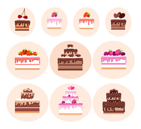 Cakes, colored icons, vector images. Cakes and pastries, chocolate and fruit. Colored, flat picture.のイラスト素材