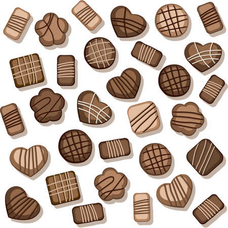 Chocolate chip cookies, seamless background, white, color. Vector seamless background of chocolate cookies, cakes and candies. For the decoration.のイラスト素材