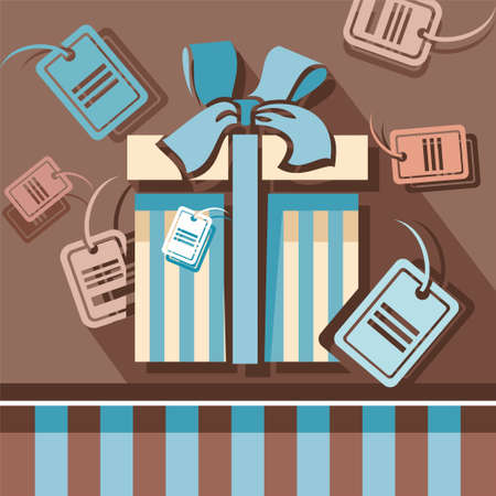 Discounts, gifts, tags, labels. The image gift boxes with bow, labels and tags. Illustration.のイラスト素材