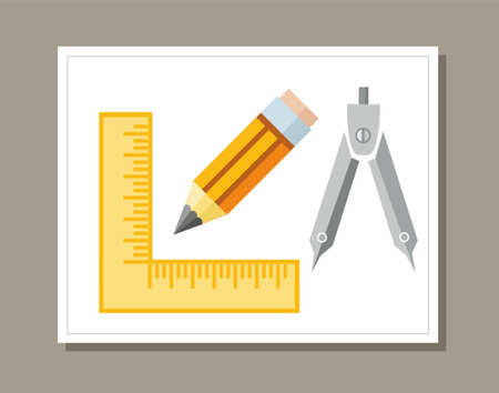 Drawing, ruler, pencil, colored flat illustration. On a sheet of drawing paper is ruler, pencil and compasses. Colored, flat vector illustration.のイラスト素材