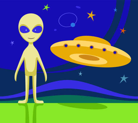 Alien and flying saucer, colored picture, vector. On green grass is an alien. In a dark blue sky flying flying saucer. Colored, flat picture. Space motif.のイラスト素材