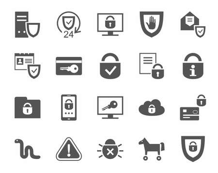 Protection of information, icons, monochrome. Information technology, data security system. Vector flat icons on white background.のイラスト素材