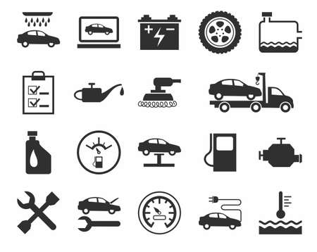 Repair and maintenance of vehicles, single-color icons.Vector flat icons for auto repair shop services. A dark gray image on a white background.のイラスト素材