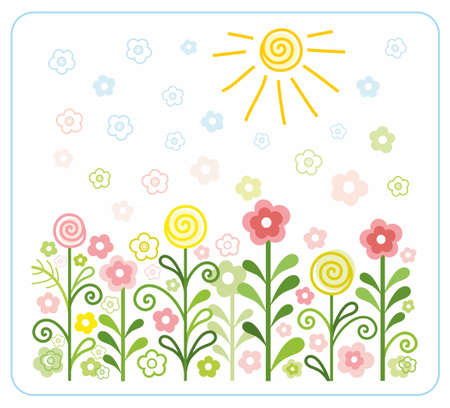 Flowers, sun, children, flat, coloured illustrations. Colored, flat illustration with flowers on the meadow, under the sun. Natural motive. Children's style.のイラスト素材
