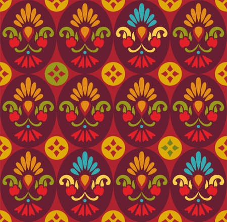 Seamless pattern, flowers in ovals, red. Seamless red background with decorative flowers in purple...
