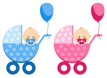 The baby in the stroller, boy, girl, balloon. In a pink stroller sit the baby girl in a blue stroller sit the baby boy. Colored illustration.のイラスト素材