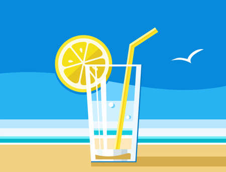 Water with lemon, a refreshing drink, sea, summer, colour illustrations. A glass of water, lemon and straw. A refreshing drink in the summer heat. Beach, blue sky. Shore of the ocean, yellow sand. Colored illustration.のイラスト素材
