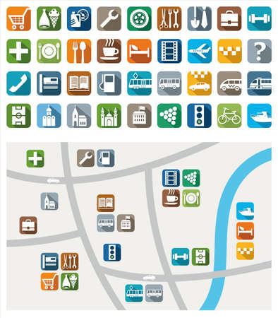 City map, color icons, service, urban services. Colored flat icons with symbols of city services and attractions. Their location on a map. For printing and websites.のイラスト素材