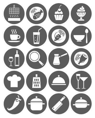 Icons kitchen, restaurant, cafe, food, drinks, utensils, monochrome, flat. Monochrome, flat icons with images of kitchen utensils, restaurant meals and drinks. For websites and printing.のイラスト素材