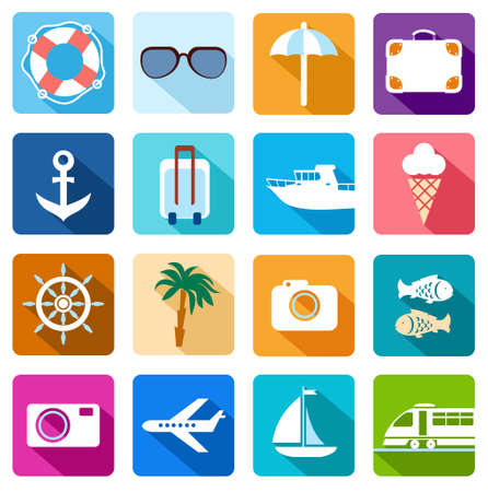Icons vacation, tourism, sea, relaxation, colored flat. Colored flat icons with attributes of leisure, travel and holidays by the sea. For printing and websites.のイラスト素材