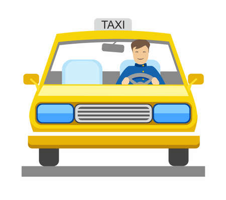 Taxi, taxi driver, color illustration. In a yellow car sits a taxi driver. Vector picture.のイラスト素材