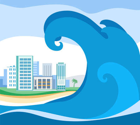 Tsunami, colored picture, vector. A huge wave rolls on coast. On the shore stands the city. A natural disaster.のイラスト素材